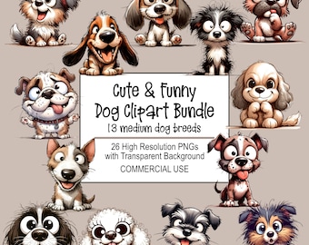 Op de afbeelding: Een digitale clipartbundel met 13 verschillende hondenrassen. De honden zijn in cartoon-stijl en hebben grote ogen en glimlachen. De tekst "Cute & Funny Dog Clipart Bundle" staat bovenaan de afbeelding. De tekst "13 medium dog breeds" staat onder de titel. De tekst "26 High Resolution PNGs with Transparent Background" staat onder de tekst van de hondenrassen. De tekst "COMMERCIAL USE" staat onderaan de afbeelding.