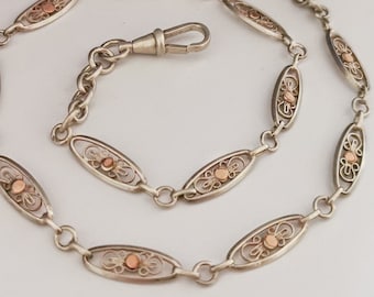 Antique French Silver Filigree Bracelet: Edwardian Watch Chain Necklace