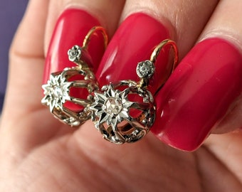 18K Antique Edwardian Diamond Platinum & Gold Earrings Antique French Diamond Earrings c. 1900 Diamond earring