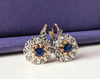 18K Antique Edwardian Diamond & Sapphire Daisy Cluster Earrings Antique French Marguerite Diamond Earrings c. 1900 Diamond earring