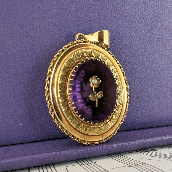 Rare 1850s Victorian 18k Gold Locket with Glass Partition Amethyst & Pearl stones Antique 18K gold Napoleon III Locket French Antique Locket