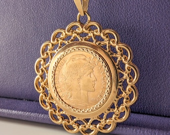 RARE pièce de monnaie française ancienne en or 21 carats de 10 francs avec Marianne IIIe République 1908 sur un pendentif en or 18 carats