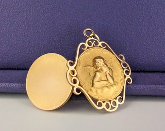 Antiguo 18k Angel Raphael Locket Vintage Solid amarillo Medallón de oro - Colgante de querubín francés - Ángel protector Amuleto de buena suerte