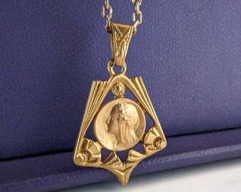 1930er Jahre 18K Art Deco Jungfrau Maria Goldanhänger Antike französische religiöse Medaille Antike Gold Madona Medaille Christliche Medaille