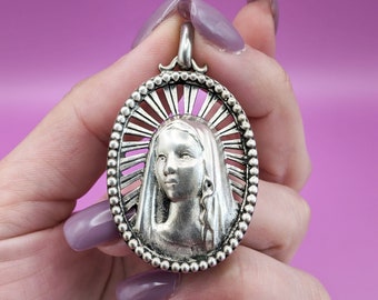 RARE Big 1900s Art Nouveau Virgin Mary Pendant Unique Silver virgin Mary Medal French religious medal Gift for Her Medaille vierge