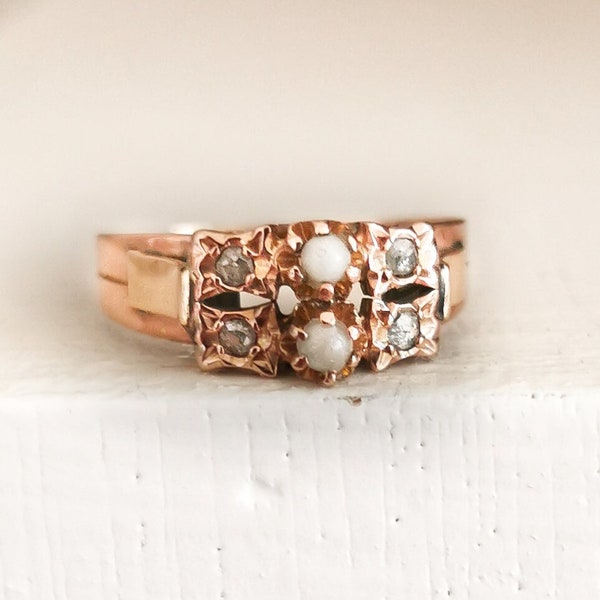 Antique Ring 18K Rose Gold diamonds and pearls Ring Antique diamond ring early XX century engagement ring