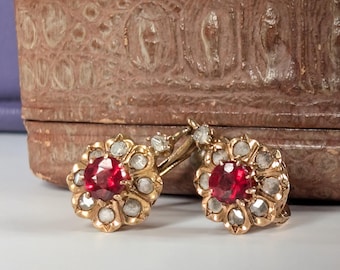 Antique Edwardian 18K Gold Garnet Diamond Daisy Earrings