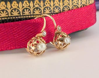 Antike 18K Gold Perle Schläfer Ohrringe: Französische Viktorianische Siebenschläfer