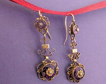 Pendants D'oreille Or 18 Carats Avec Améthyste - Boucles Occasion En Or Et Perles