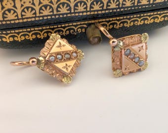 18K Gold Victorian Perlen Ohrringe: Antike Napoleon III Dormeuses - Baumelnde Ohrringe