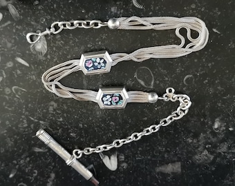Antique Victorian Silver Watch Chain Necklace: Hand Painted Charms, Napoleon III T-Bar