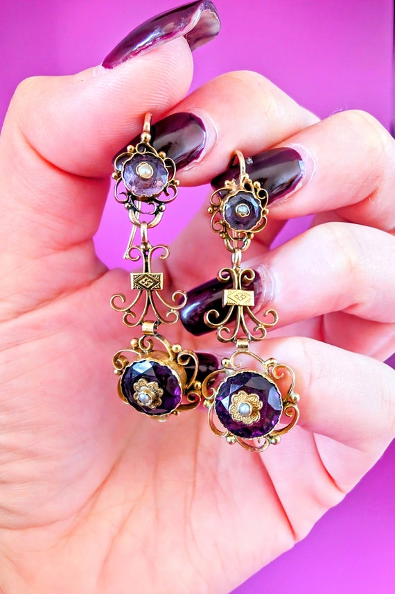 Pendants D'oreille Or 18 Carats Avec Améthyste - Boucles Occasion En Or Et Perles