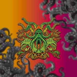 May include: Green and orange embroidered patch of a tentacled creature with a hooded head and a menacing expression. The creature is surrounded by swirling vines and coral.