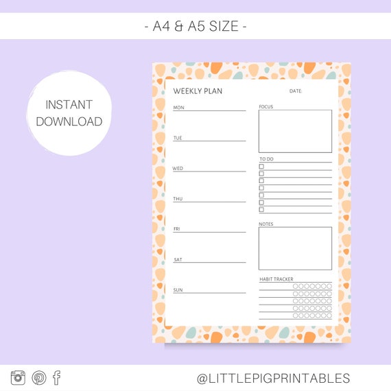 Weekly Planner Printable Undated Weekly Calendar Bright - Etsy