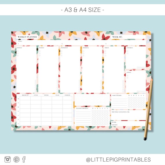 Ultimate Weekly Planner Printable Pink Floral Desk Pad Style Etsy
