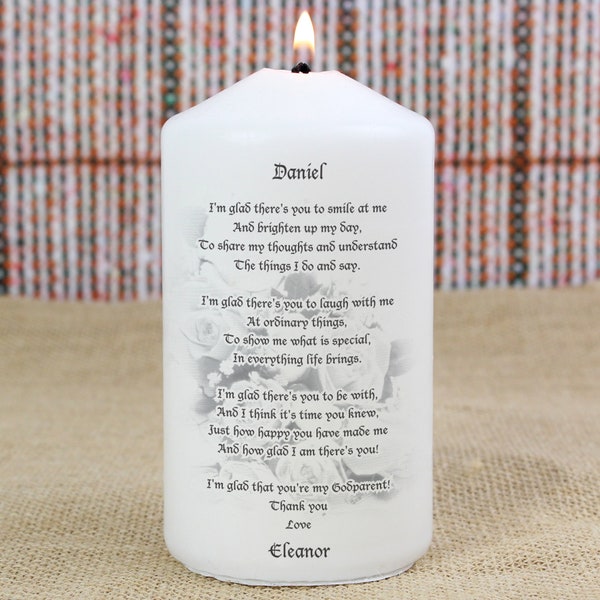 Personalised Godparent Pillar Candle - Includes a poem and the names of the Godparent and Child.