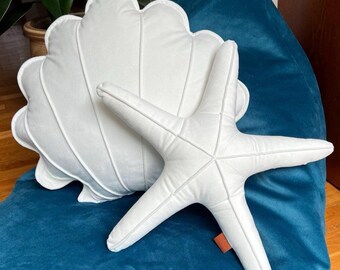 Seashell & Starfish Pillow Set: White Velour Beach Decor