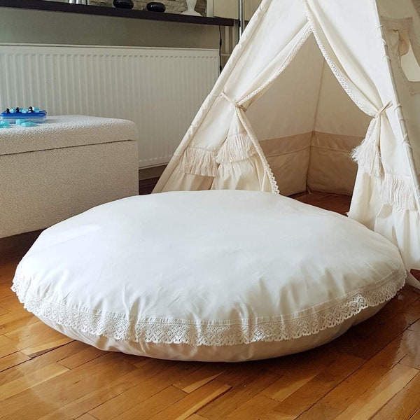 Floor pillow large, big cushion for kids, oversized floor seat, huge round sofa seating, baby teepee tent accessories, boho deco with lace