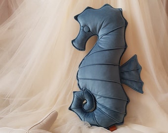 Velvet seahorse pillow, seaside home decor, decorative beachy sea cushion, ocean gift for toddler, nautical wild animal for friend