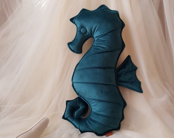 Velvet seahorse cushion, stuffed sea pillow for friend, coastal home decor idea, decorative seaside gift for mom, ocean item in beach house