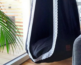 Black hanging swing hammock with white lace, egg chair for kids reading nook, teenage girl furniture for a luxury and glamour bedroom decor