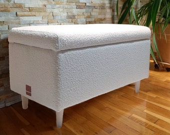 White boucle storage unit bench, entryway handmade furniture with seat, living room upholstered chest trunk, end of bed box for boho bedroom