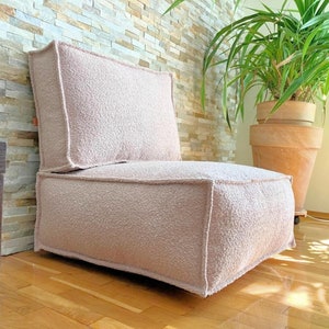 Boucle floor sofa with a backrest pillow, modular couch with a back cushion, boho ottoman seat for meditation, square soft pouf stuffed set