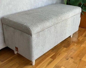 Corduroy storage bench, entryway pouf with storage, upholstery stool with wooden legs, pouf with seat on top, end of bed furniture idea