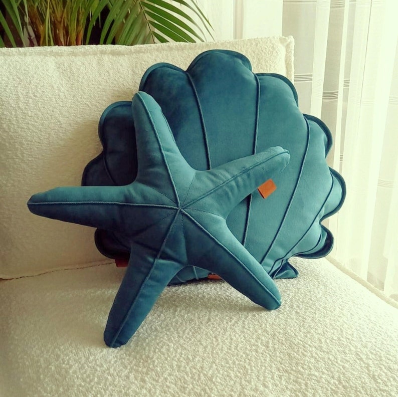 Starfish and Shell Cushions Set Turquoise Blue, Seaside Seashell With ...