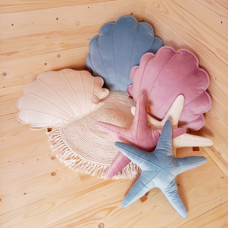nautical arrangement with shells and starfish, in pink, blue and ecru / natural colour, idea for room design, kids interior, children cozy corner, cute decorations for little girl, for boy nursery toddler, for women, for wife, for mother, for infant