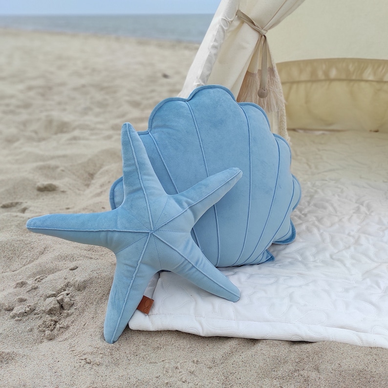 pillow set blue sea shell with a starfish as a beautiful seaside cushions for home decoration in the beach house in the cottage these cushions will be exclusive decor for loft and bohemian interiors