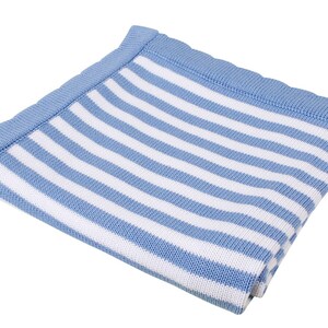 May include: A blue and white striped knitted baby blanket. The blanket is folded and has a soft, textured feel.