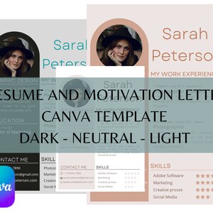 Plantilla de Canva para currículum arqueado y carta de motivación en oscuro, neutro/bohemio y claro. Un currículum original y creativo para destacar.
