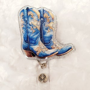 Blue Western Boots Badge Reel