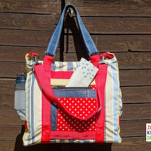 Grand sac bandoulière aux couleurs vives avec poche latérale, nombreuses poches extérieures et intérieures, bandoulière amovible, pièce unique cousue main