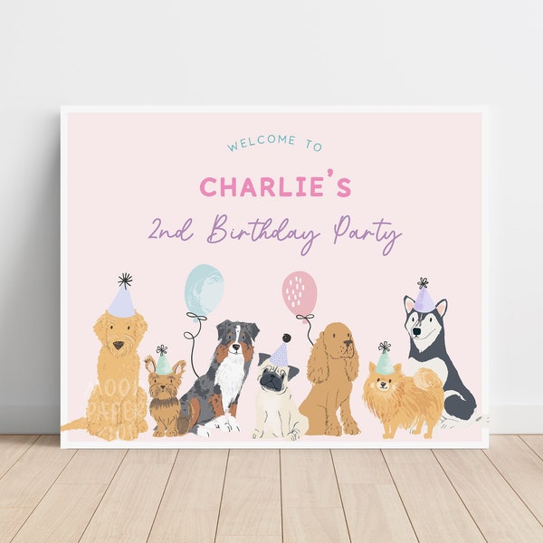 dog birthday party welcome sign template, puppy pawty, diy editable template | charlie [pnk]