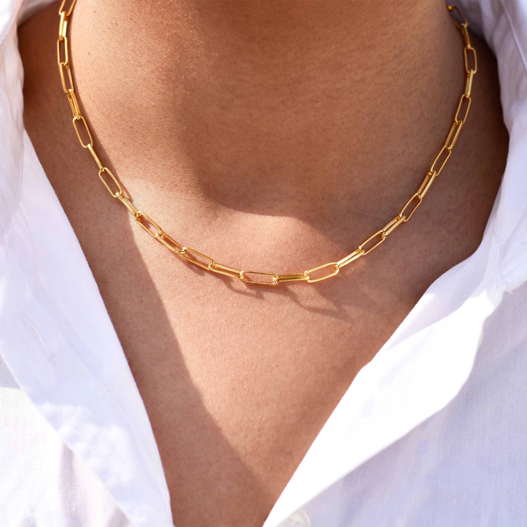 Paperclip Chain 14k Solid Gold Necklace, Rectangle Long Link Necklace, 4 Mm  Width, Oval Link Chain Necklace 