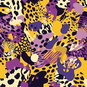 May include: Abstract seamless pattern with leopard print, purple and yellow spots, and stripes. The pattern is perfect for fabric, wallpaper, or wrapping paper.