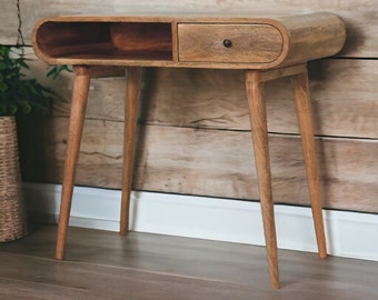 Writing Desk Bureau with Drawer Shelf - Computer Desk with Drawer - Scandinavian Minimalist Curved Office Desk - Solid Wood Desk for Study