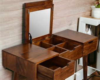 Toeletta con cassetti a specchio e portaoggetti - Consolle in legno massello - Tavolo da trucco - Tavolo da toeletta rustico e moderno per camera da letto