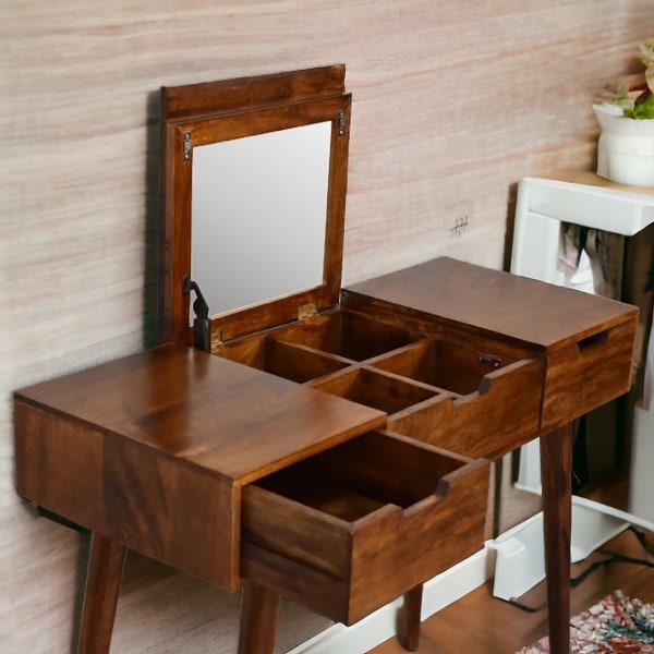 Tocador con cajones con espejo y almacenamiento - Consola de madera maciza - Mesa de maquillaje - Mesa de tocador rústica y moderna para dormitorio
