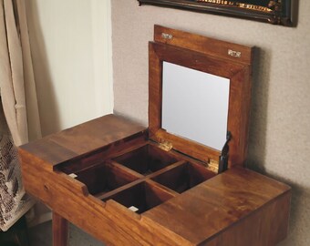 Small Dressing Table with Mirror and Storage Compartaments -  Solid Wood Desk Make up Table  - Rustic Bedroom Vanity Table