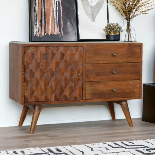 Sideboard Cabinet with Drawers and Doorb- Coastal Sideboard Chest - Solid Wood Storage Table - Hand Carved Entry Way Table