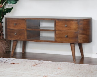 TV Console Wood Solid Wood - Mid Century Modern TV Console Table with Storage - TV Stand With Drawers and Open Shelves  - Media Unit