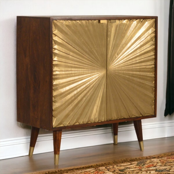 Sideboard Cabinet Mid Century Golden Brass  - Art Deco Sideboard Buffet - Solid Wood  Living Room Storage Cabinet 2 Doors - Unique