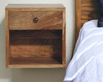 Floating Bedside Table with Drawer and Shelf - Solid Wood Small Table - Wall Mounted Shelf -  Oak Finish Table - Wall Lamp Stand