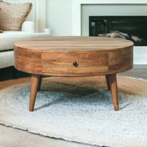 Round Coffee Table with Drawers  - Modern Table with Storage - Living Room Rounded Table - Scandinavian Solid Wood Living Room Low Table