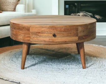 Round Coffee Table with Drawers  - Modern Table with Storage - Living Room Rounded Table - Scandinavian Solid Wood Living Room Low Table