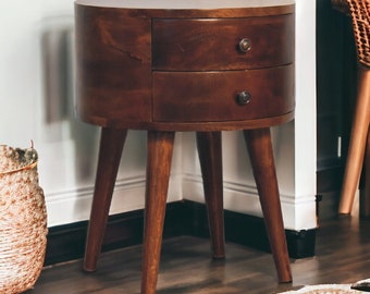 Bedside Table with Drawers -  Classic Rustic Solid Dark Wood Round Nightstand - Mid Century Modern Sofa Side Table - Unique Lamp Table