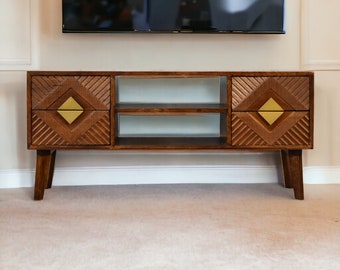 TV Console Table with Drawers and Shelves - Mid Century Modern TV Stand -  Solid Wood Rustic TV Console Table - Living Room Media Unit